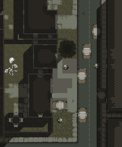 Topdown mockup of a zombie game set in a suburb